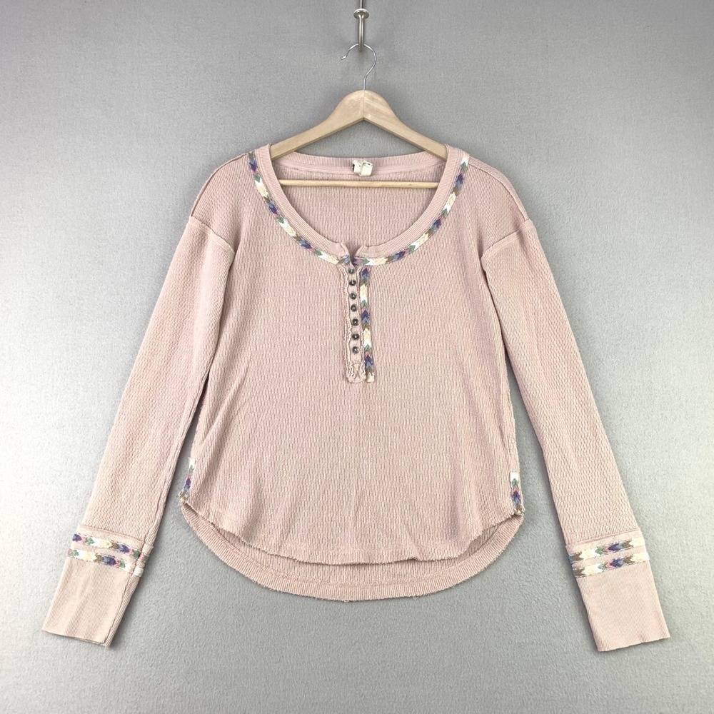 We The Free Henley Top Womens S Pink Boho Waffle Knit Embroidered Trim